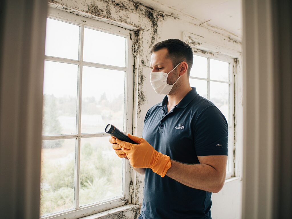 create dslr quality image of a mould inspector inspecting home for mould